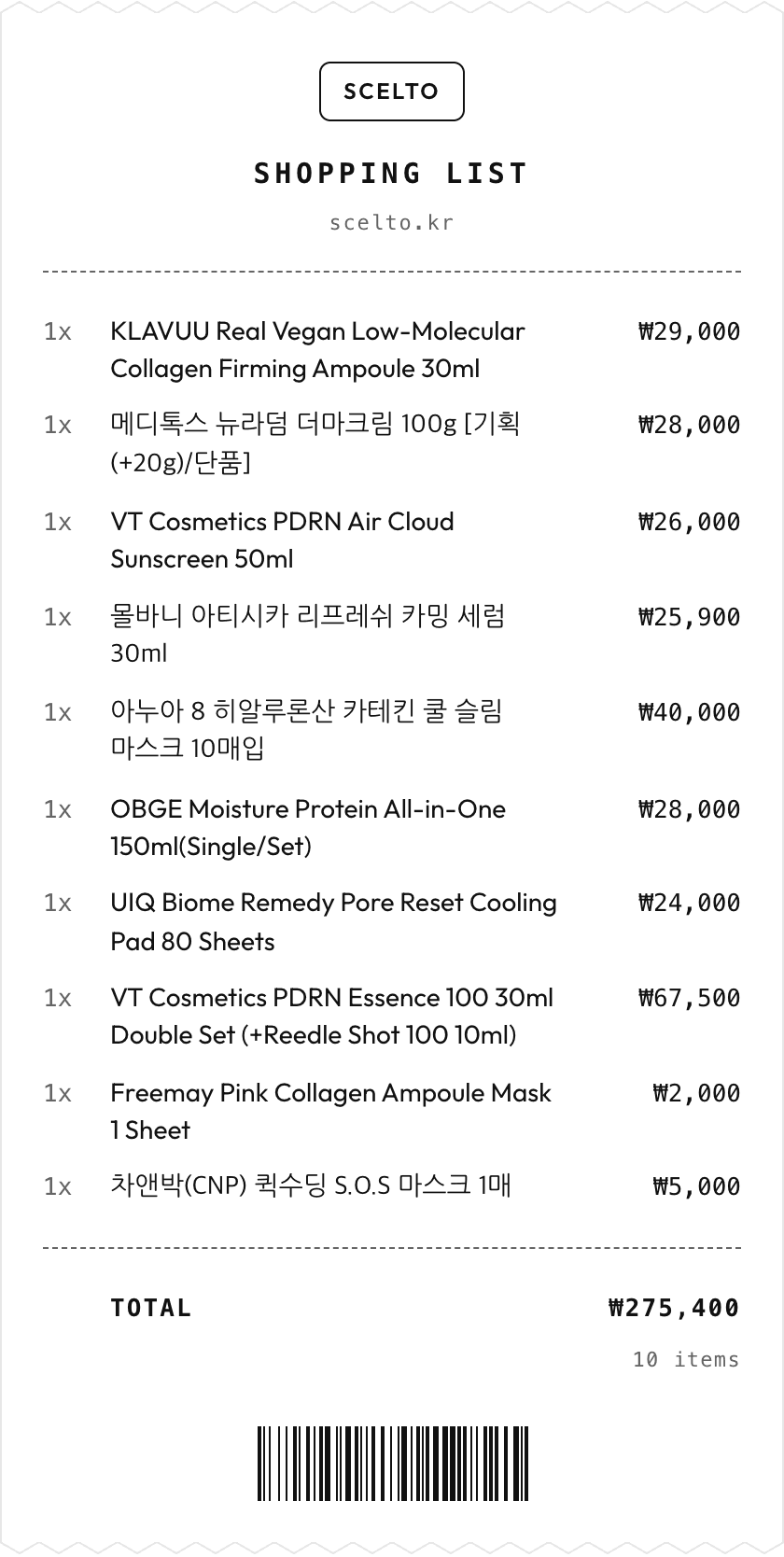 The shopping list from a finished plan: ten lines, each with a quantity, the product name in English or Korean and its Seoul price in won, totalling ₩275,400.